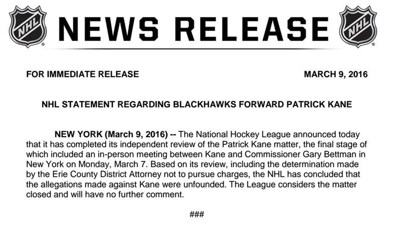 Illustration for article titled NHL Says Rape Allegations Against Patrick Kane Were "Unfounded"